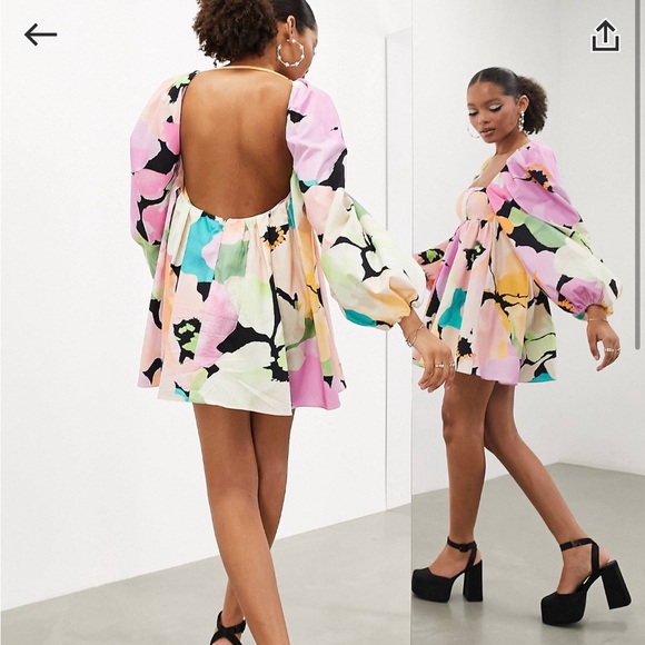 ASOS long sleeve babydoll mini dress in art house pink floral print - Picture 3 of 6